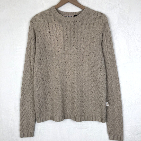 VTG AVIREX Y2K Sweater Men's Sz L Cream 100% Cotton Cable Knit Crew Neck L/S - Picture 1 of 11